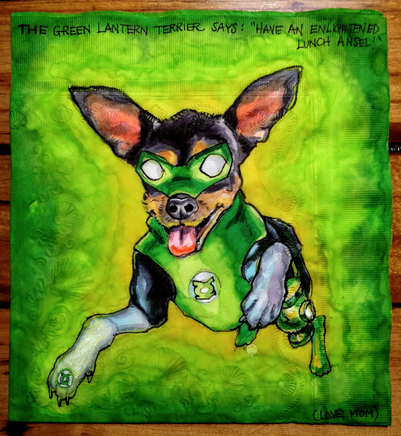 Illustration for article titled Artist draws superpowered canines on her sons' lunch napkins